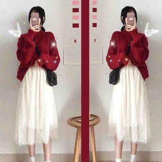 Sweater / Midi A-line Lace Skirt / Set