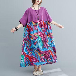 Printed Short-sleeve Maxi A-line Dress Purple - One Size