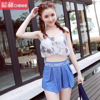 Set : Print Bikini + Frilled Cover-up + Swim Skirt