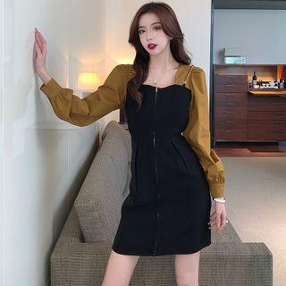 Long-sleeve Chain-strap Zip Mini Sheath Dress