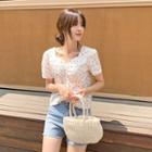Square-neck Shirred Floral Blouse Ivory - One Size
