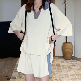 Color Block 3/4-sleeve Collared Knit Top / Shorts