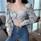 Floral Print Lace-up Cropped Blouse
