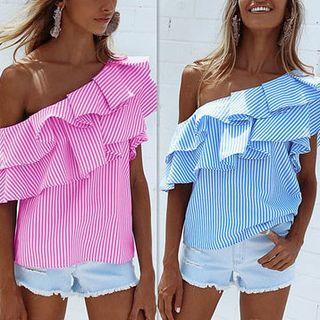 Stripe One-shoulder Frilled Top
