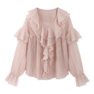 Puff-sleeve Ruffle Shirt Pink - One Size