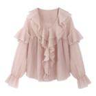 Puff-sleeve Ruffle Shirt Pink - One Size