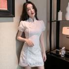 Puff-sleeve Plain Lace Sheath Dress