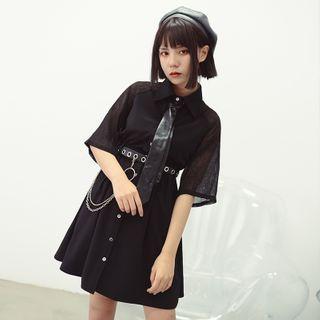 Panel Elbow-sleeve Button Mini A-line Dress