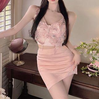 Butterfly Embroidered Cropped Camisole Top / Mini Pencil Skirt