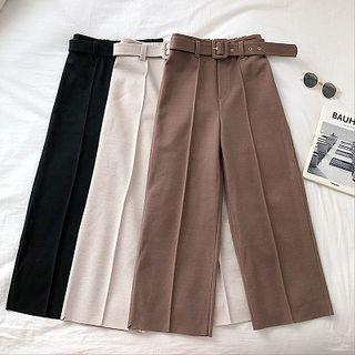 Plain Acrylic High-waist Wide-leg Cropped Pants With Belt