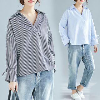 Striped V-neck Maxi Sleeve Shirt