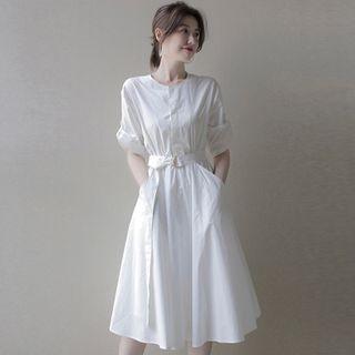 Short-sleeve Plain Double-pocket Shirt Dress