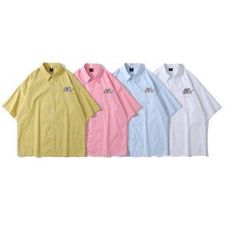 Elbow-sleeve Cat Embroidered Shirt