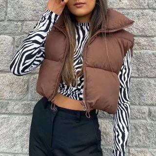 Sleeveless Collar Plain Zip-up Padded Jacket