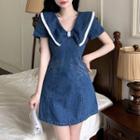 Short-sleeve Bow A-line Denim Dress