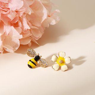 925 Sterling Silver Non-matching Rhinestone Bee & Flower Stud Earring 1 Pair - Aq0515 - One Size