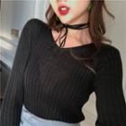 Plain V-neck Long-sleeve Slim-fit Knit Top