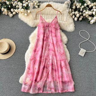 Suspender V-neck Print Ruffle Dress