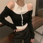 Mock Two-piece Cold-shoulder Zip Cropped T-shirt Black & White - One Size