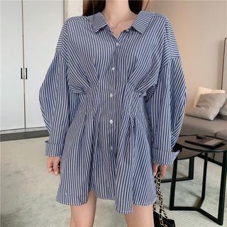 Long-sleeve Striped Shirt Dress As Shown In Figure - One Size