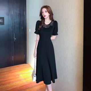 Puff-sleeve Dotted Mesh Panel Midi A-line Dress
