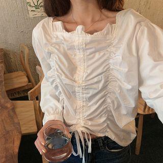 Long-sleeve Drawstring Plain Top White - One Size