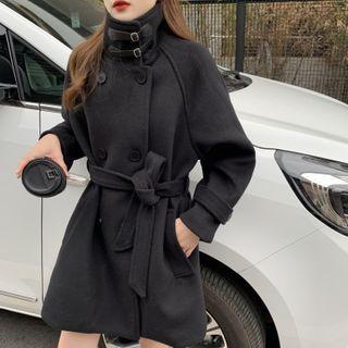 Tie-waist Double-breasted Coat Black - One Size