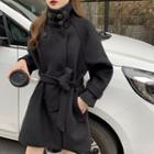 Tie-waist Double-breasted Coat Black - One Size