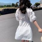Puff-sleeve Crinkled A-line Mini Dress