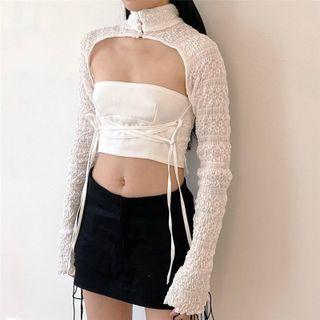 Set: Lace Mock-neck Long-sleeve Crop Top + Plain Tube Top