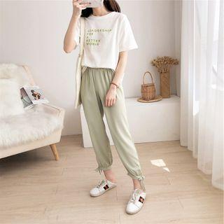Set: Elbow-sleeve T-shirt + Drawstring-cuff Straight-leg Pants