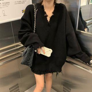 V-neck Plain Ribbed Oversize Knit Top