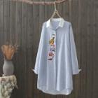 Squirrel Embroidered Striped Long Shirt Blue - One Size