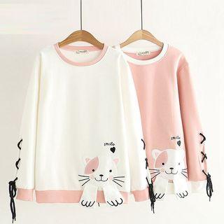 Cat Appliqued Lace-up Sweatshirt