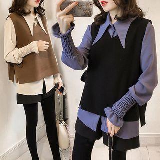 Puff-sleeve Blouse / V-neck Knit Vest