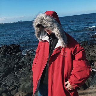 Faux Fur Trim Hooded Printed Padded Coat