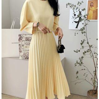Accordion-pleats Midi Dress With Belt