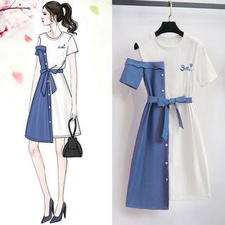Embroidered Two-tone Cold Shoulder A-line Dress