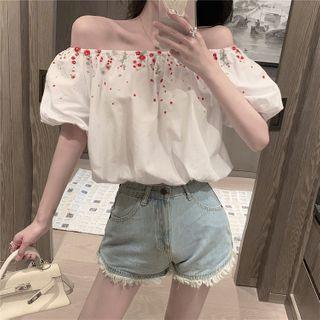Puff-sleeve Off-shoulder Embroidered Top