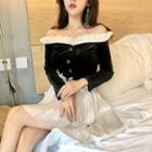 Off-shoulder Long-sleeve Pleated A-line Dress Black - One Size