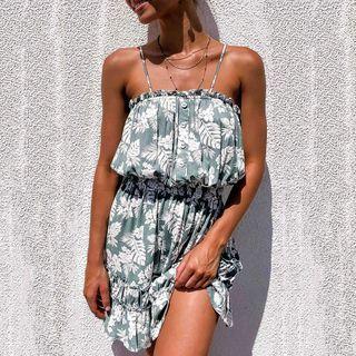 Spaghetti Strap Printed Frill Trim A-line Mini Dress