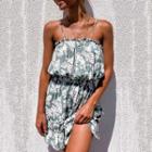 Spaghetti Strap Printed Frill Trim A-line Mini Dress