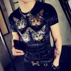 Cat Print Short-sleeve Velvet T-shirt