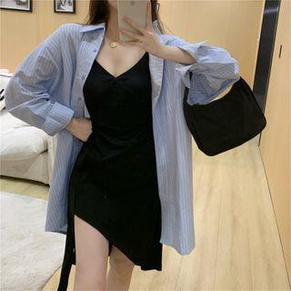 Long-sleeve Plain Striped Shirt / Sleeveless Asymmetric Plain Dress