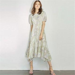 Puff-sleeve Patterned A-line Dress