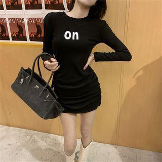 Long-sleeve Lettering Ruched Mini Dress