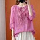 Embroidered Tie-neck 3/4-sleeve Blouse
