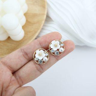 Flower Rhinestone Faux Pearl Ear Stud 1 Pair - Earrings - 925 Silver - One Size
