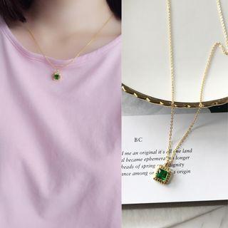 925 Sterling Silver Rhinestone Square Pendant Necklace L061 - Green Rhinestone - Gold - One Size