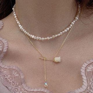 Resin Flower Pendant Faux Pearl Layered Necklace